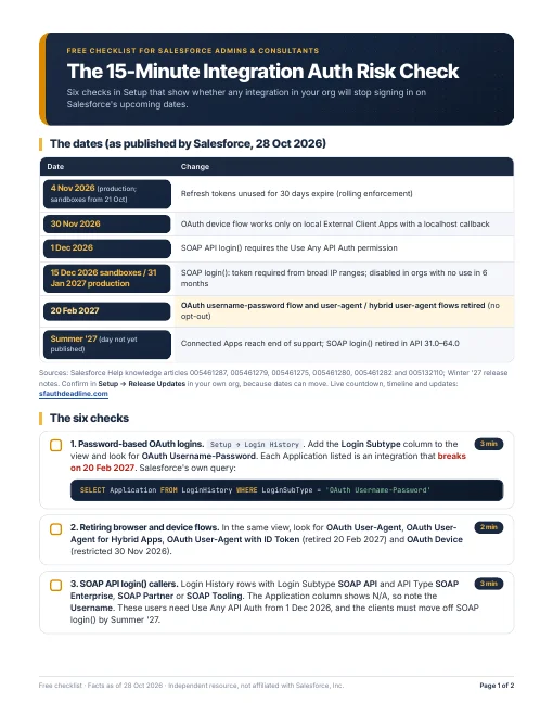 First page of the free 15-Minute Integration Auth Risk Check PDF